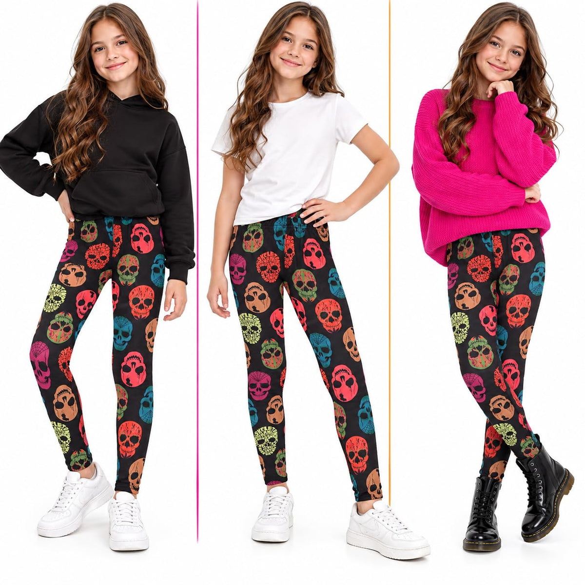 Girls Halloween leggings with colorful skull pattern on black background