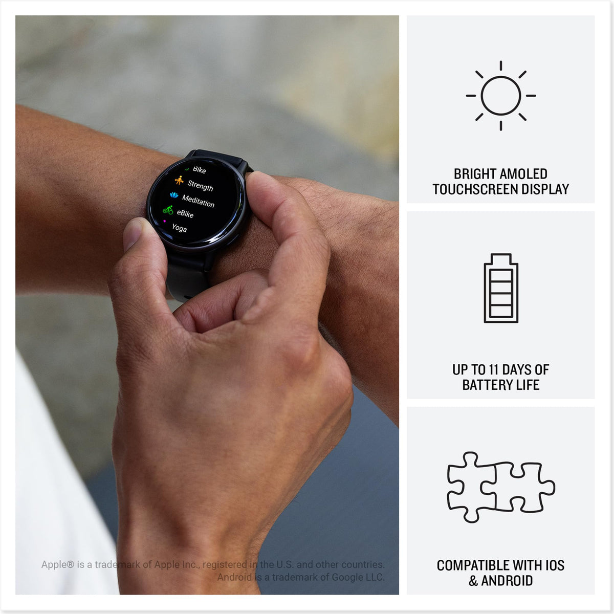 Close-up GPS smartwatch touch screen on wrist with black silicone band