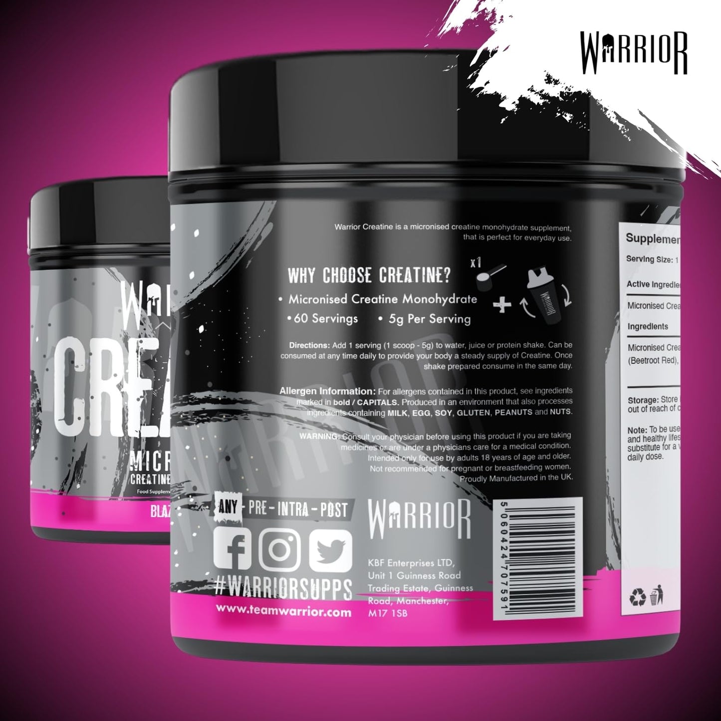 Warrior Creatine Monohydrate Powder 300g – Micronised – Proven to Improve Physical Performance and Recovery, 5g Servings (Unflavoured)