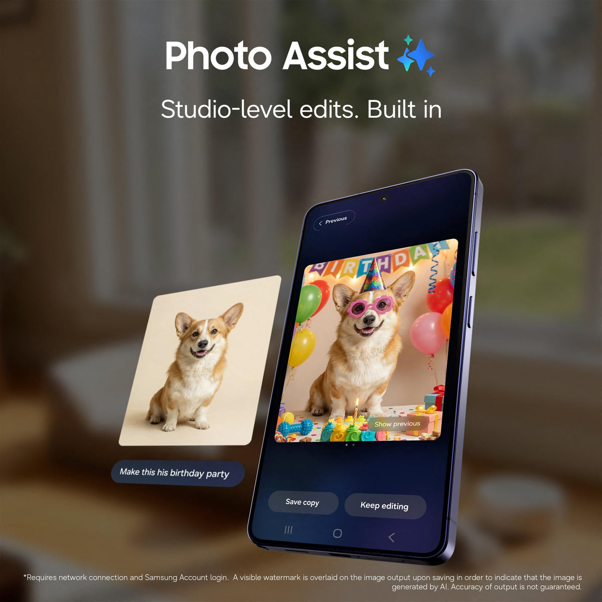 Samsung Galaxy smartphone showing Photo Assist editing with pet birthday images