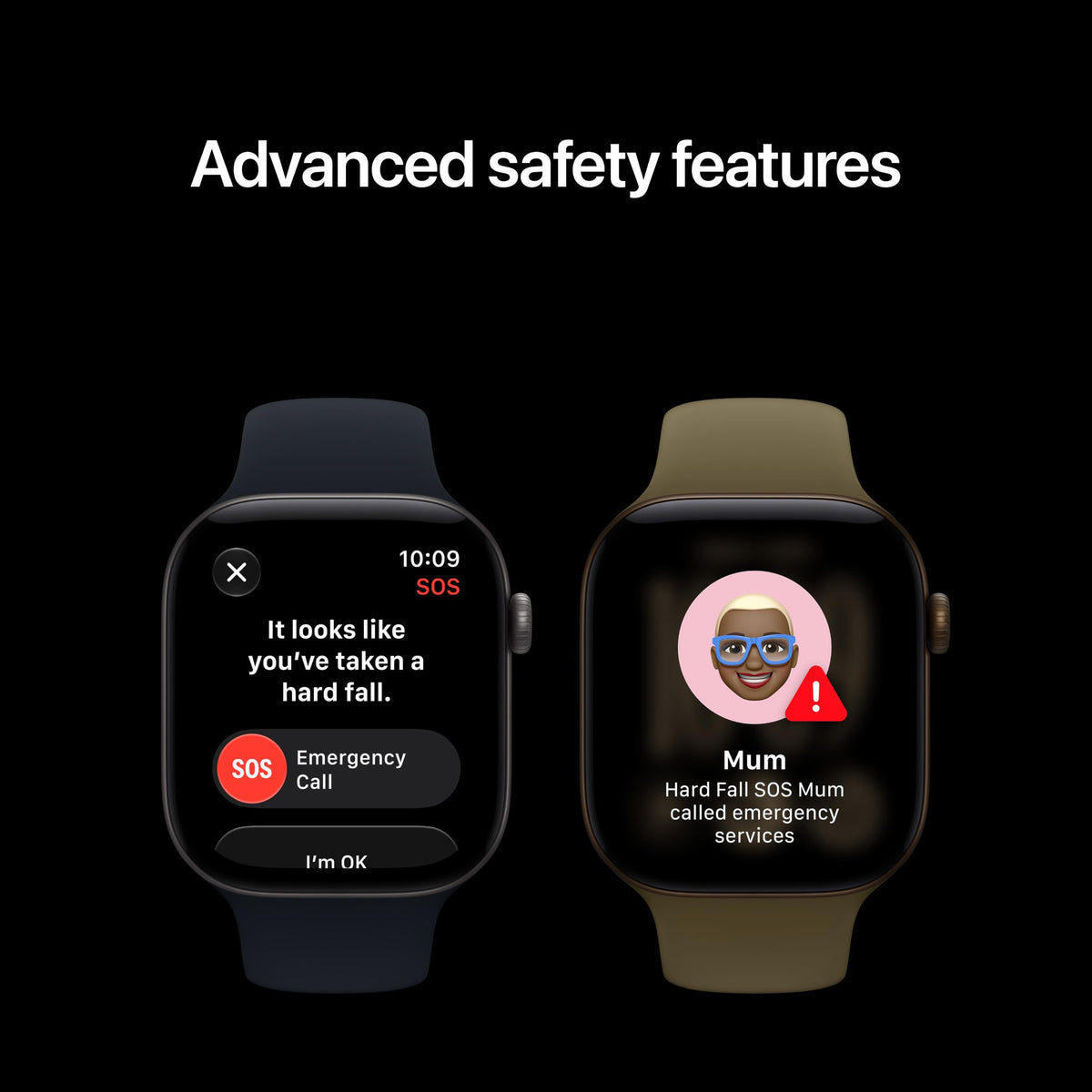 Apple Watch GPS smartwatch with navy and olive sport bands showing SOS emergency alert screens.