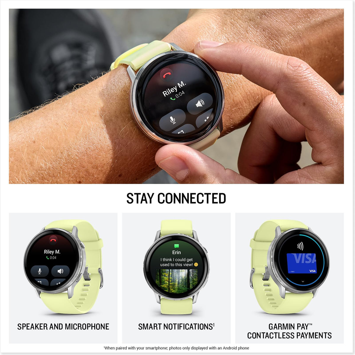 Garmin GPS fitness smartwatch on wrist with light green band and notification screen