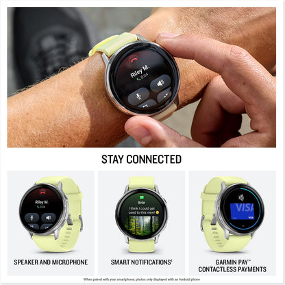 Garmin GPS fitness smartwatch on wrist with light green band and notification screen