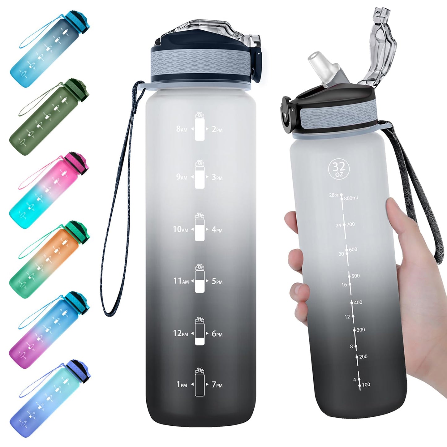 EYQ 1 L Water Bottle, 1 Litre Water bottle with Straw, Leak-Proof, Tritan BPA-Free, Motivational Water Bottle with Time Marker, Sports Drinks Bottle for Fitness, School, Gym, Outdoor Sports