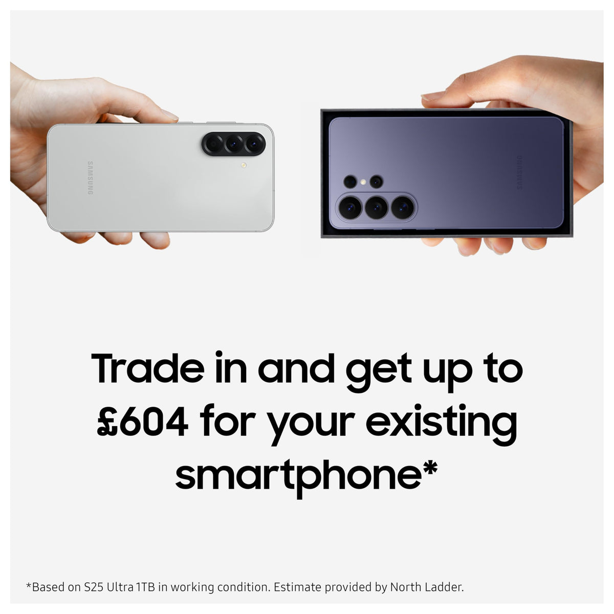 Two smartphones held in hands, showing rear camera modules and front display