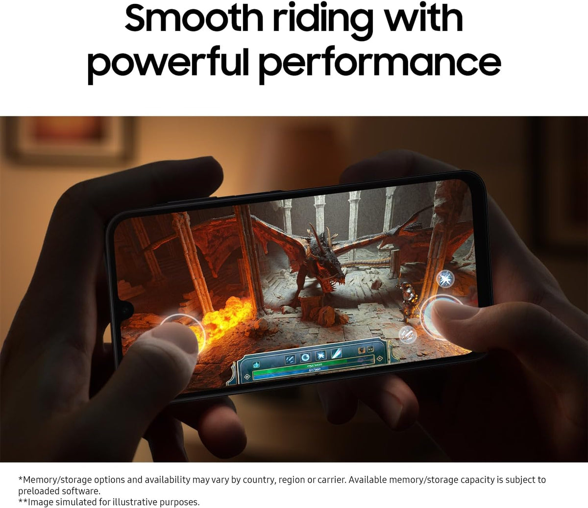 Samsung Galaxy A16 smartphone held in hands, gaming shown on the screen.
