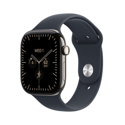 GPS smartwatch with black display and dark blue silicone band, gold markers