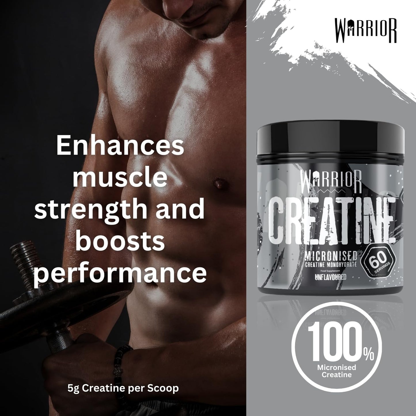 Warrior Creatine Monohydrate Powder 300g – Micronised – Proven to Improve Physical Performance and Recovery, 5g Servings (Unflavoured)