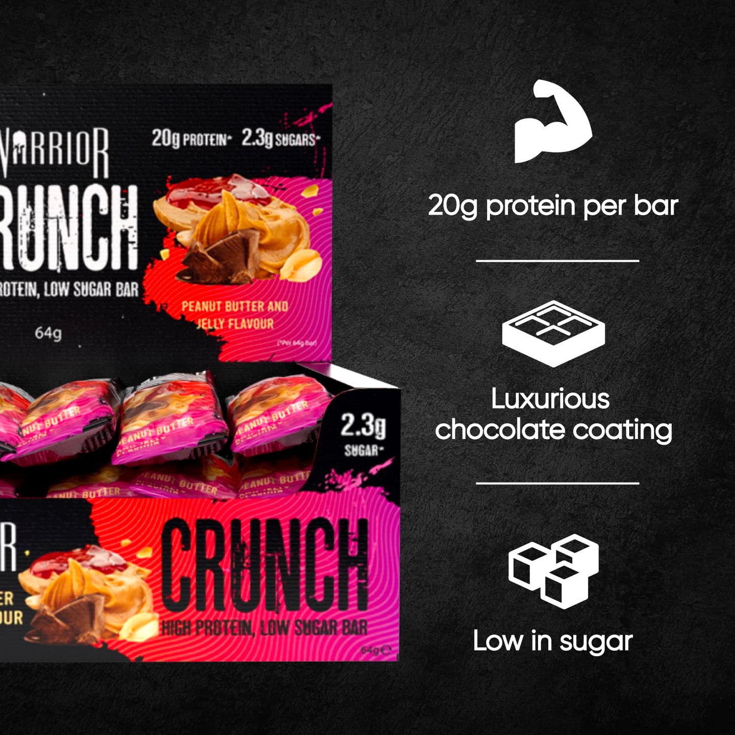 Warrior Crunch - High Protein Bars - 20g Protein Each Bar - Low Carb, Low Sugar Snack - 12 Pack x 64g (Variety Pack)