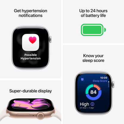 Apple Watch Series 11 GPS smartwatch with black sport band, heart icon on display