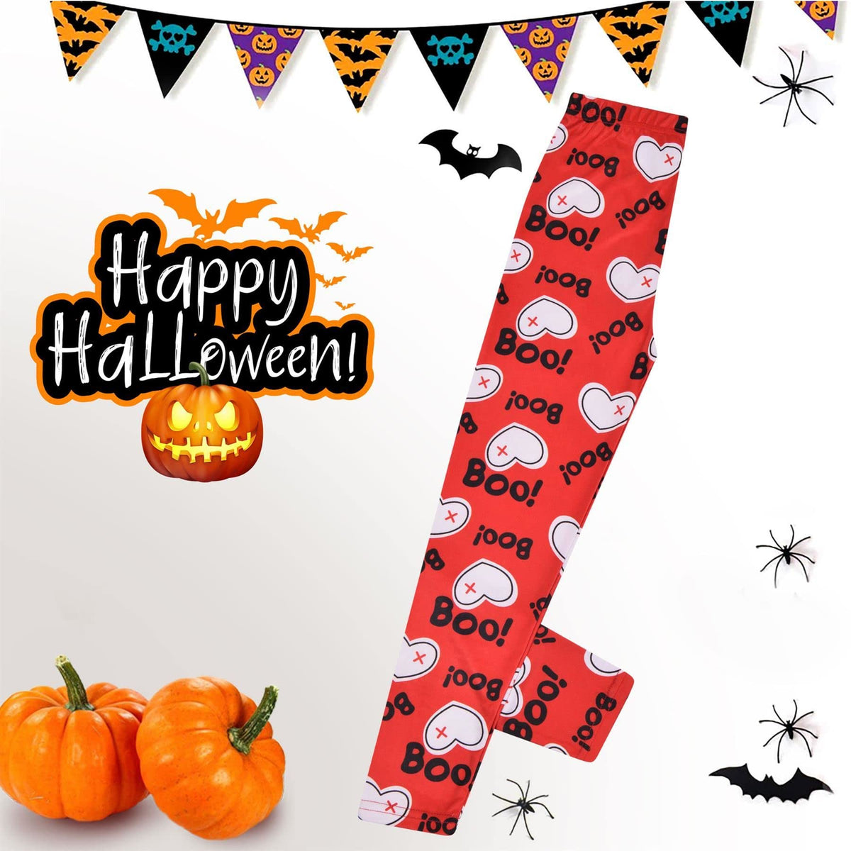 Red Halloween leggings with all-over “Boo!” text and ghost icon pattern