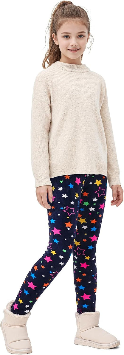 Girls’ fleece-lined thermal leggings, navy with multicolor stars and dots; full-length view