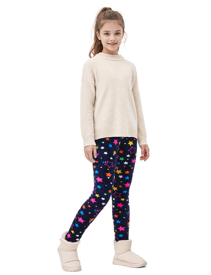 Girls’ fleece-lined thermal leggings with navy star/dot pattern, beige boots