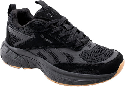 Reebok men’s running shoes in black, lace-up design with patterned panels and tan outsole