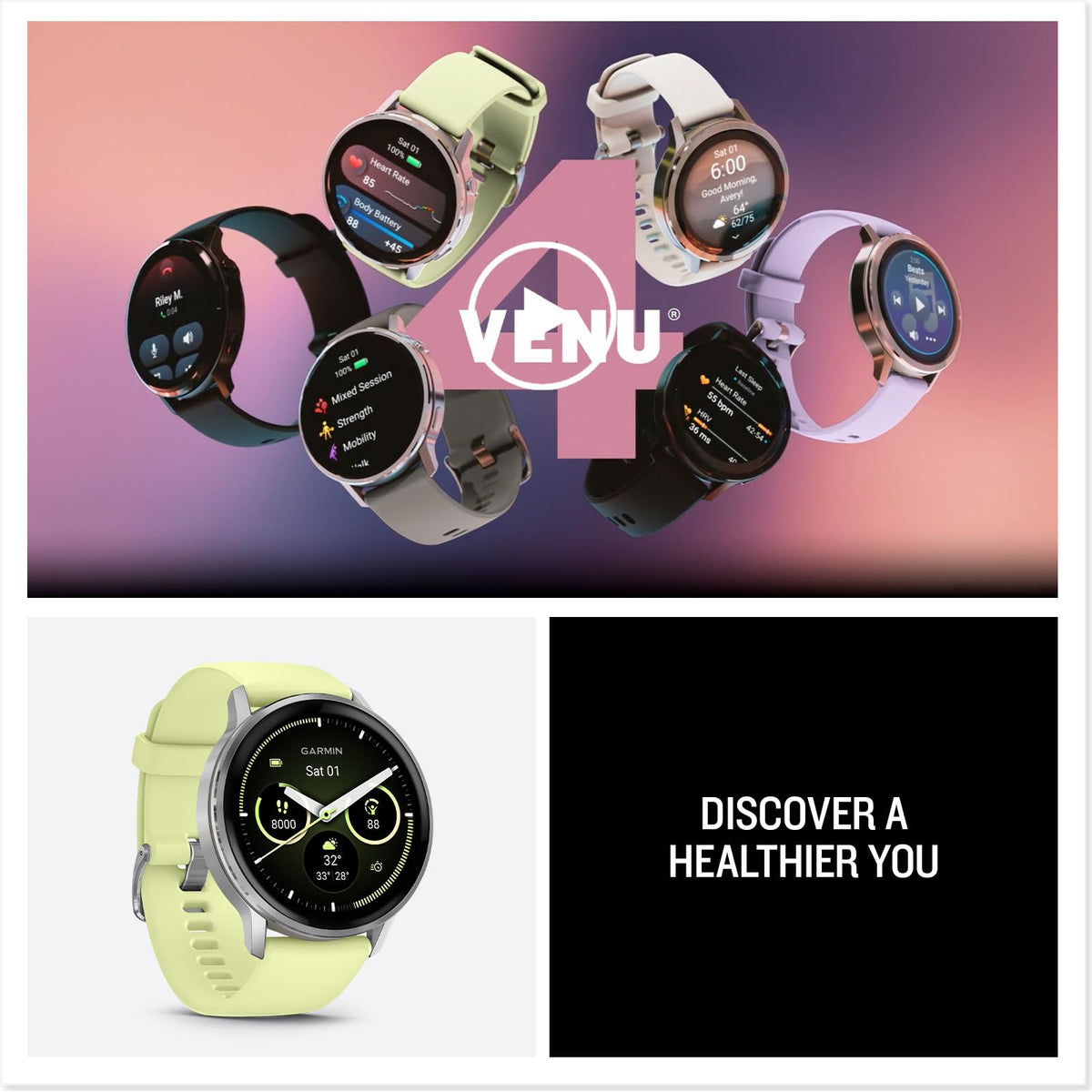 Garmin Venu 4 GPS fitness smartwatch shown in multiple strap colors