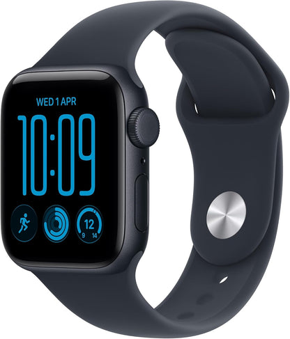 Apple Watch SE 3 smartwatch with midnight blue band and blue time-and-icon display