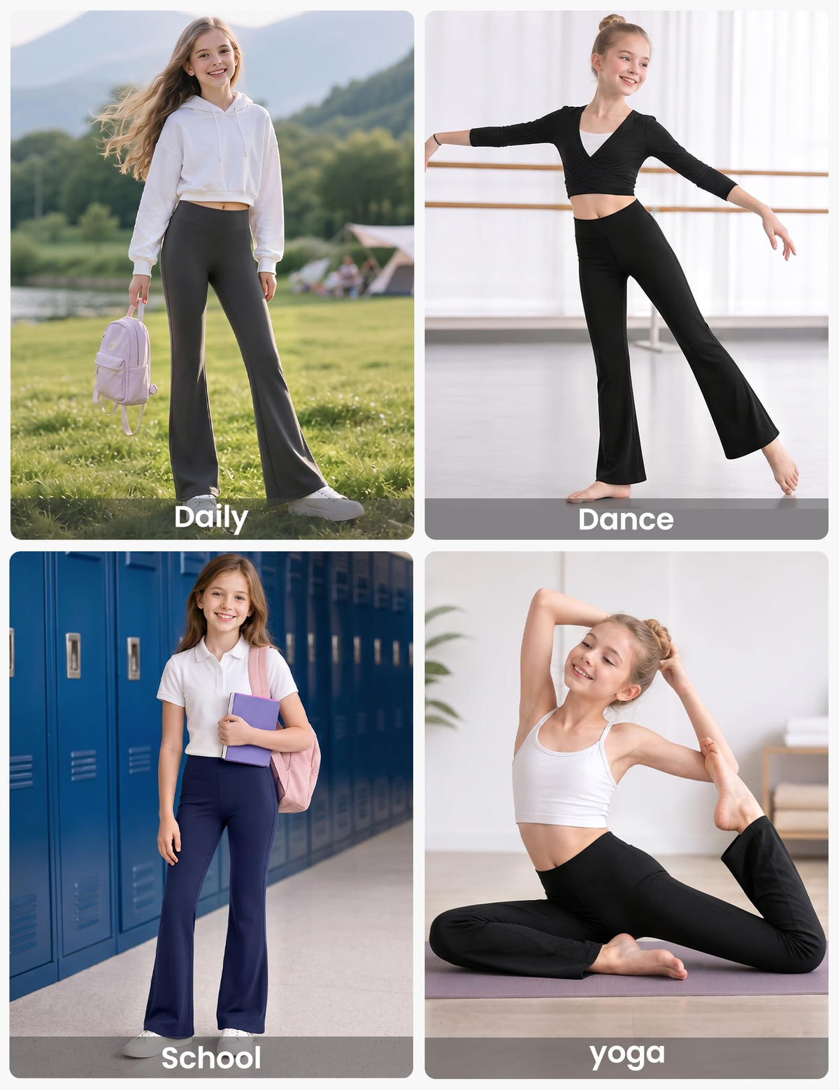 JOCMIC girls high-waisted flared leggings, dark, worn for daily activities