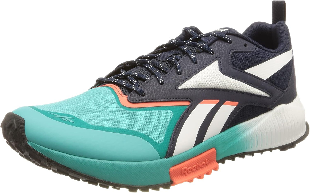 Reebok men's trail running shoes in teal and black with white panels and orange heel.