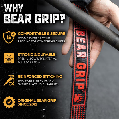 BEAR GRIP Straps - Premium Neoprene Padded Heavy Duty Double Stitched Weight Lifting Gym Straps