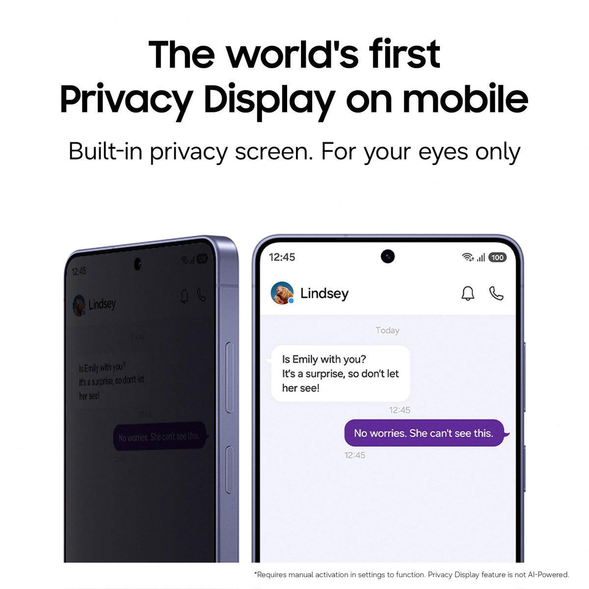 Samsung Galaxy smartphones with privacy display screens, shown front and back