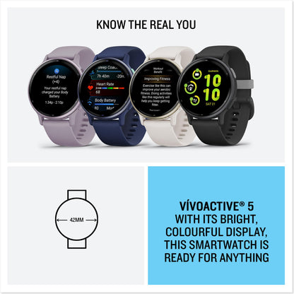 GPS fitness smartwatch shown in four band colors with round AMOLED display