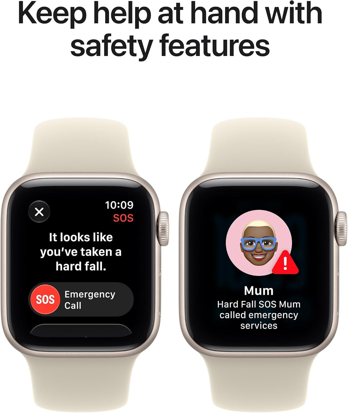 Starlight sport smartwatch with SOS emergency call screen on dark display