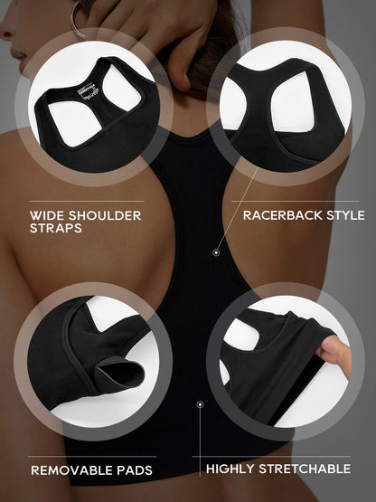 FITTIN Padded Sports Bra for Women ：Ribbed Racerback Seamless Wireless Workout Bras Pack