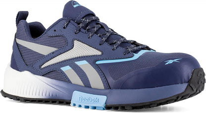 Men's trail running shoes, navy blue upper with light blue logo stripes and lug sole
