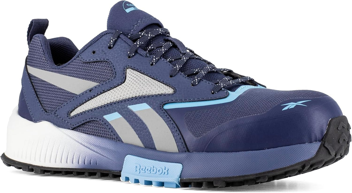 Men's trail running shoes, navy blue with white midsoles and blue traction lugs