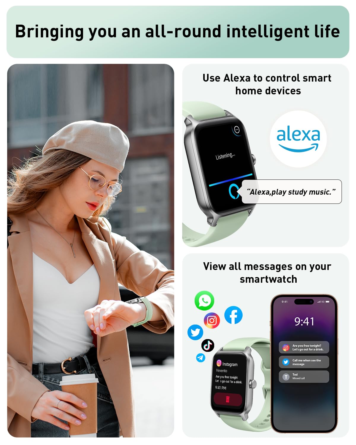 Smart Watches for Women Answer/Make Calls, Alexa Built-in, 1.8" Fitness Watch with 24/7 One-Click Measure SpO2 Heart Rate Stress, Sleep Monitor, 100 Sports, IP68 Step Counter Watch for iPhone Android