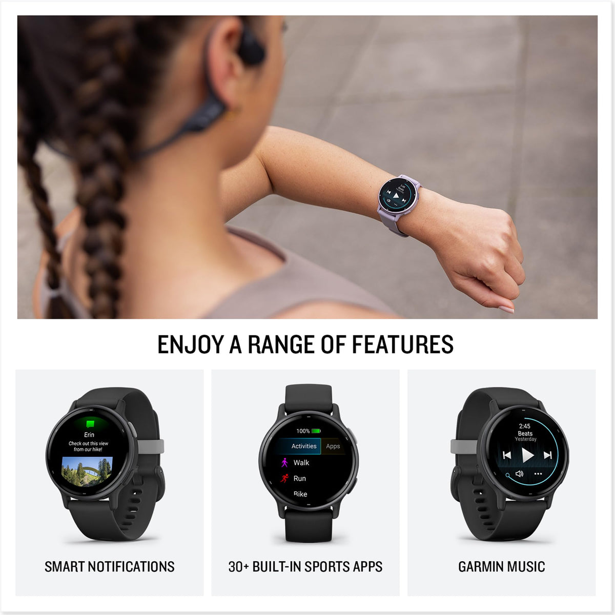 Black round GPS smartwatch on workout wrist with digital touch display