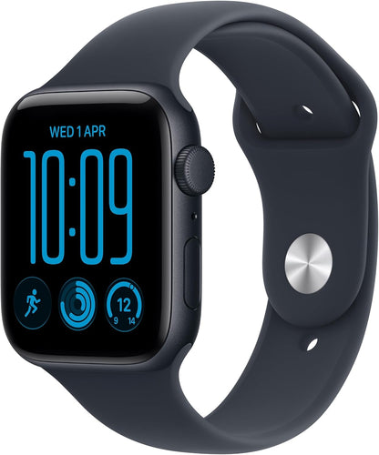 Apple Watch SE GPS smartwatch with midnight band; black screen shows cyan 10:09