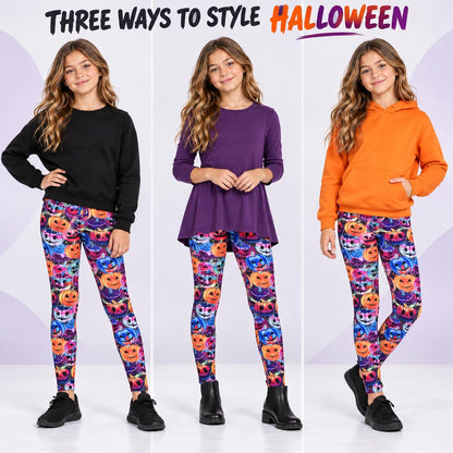 Kids Halloween leggings with colorful jack-o-lantern and skull print, full-length fit
