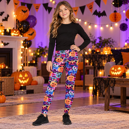 Kids Halloween leggings featuring colorful pumpkin and skull faces with elastic waist