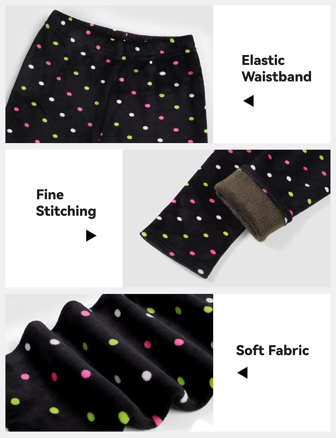 Fleece-lined leggings with elastic waistband and black fabric covered in star and dot print