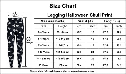 Kids Halloween skull leggings size chart with waist and length measurements by age