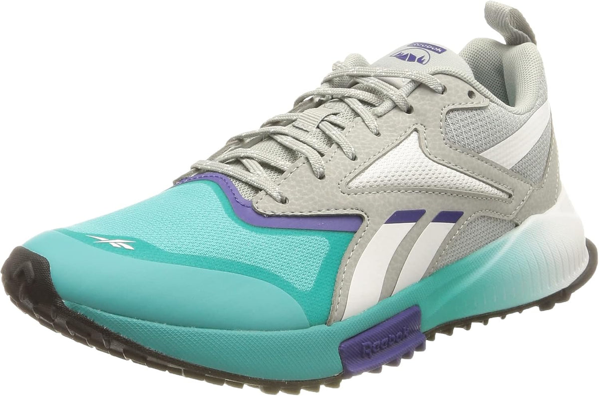 Men's trail running shoes, light gray with teal toe and purple logo accents