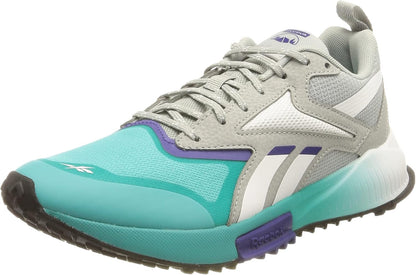 Men's trail running shoes, light gray with teal toe and purple logo accents