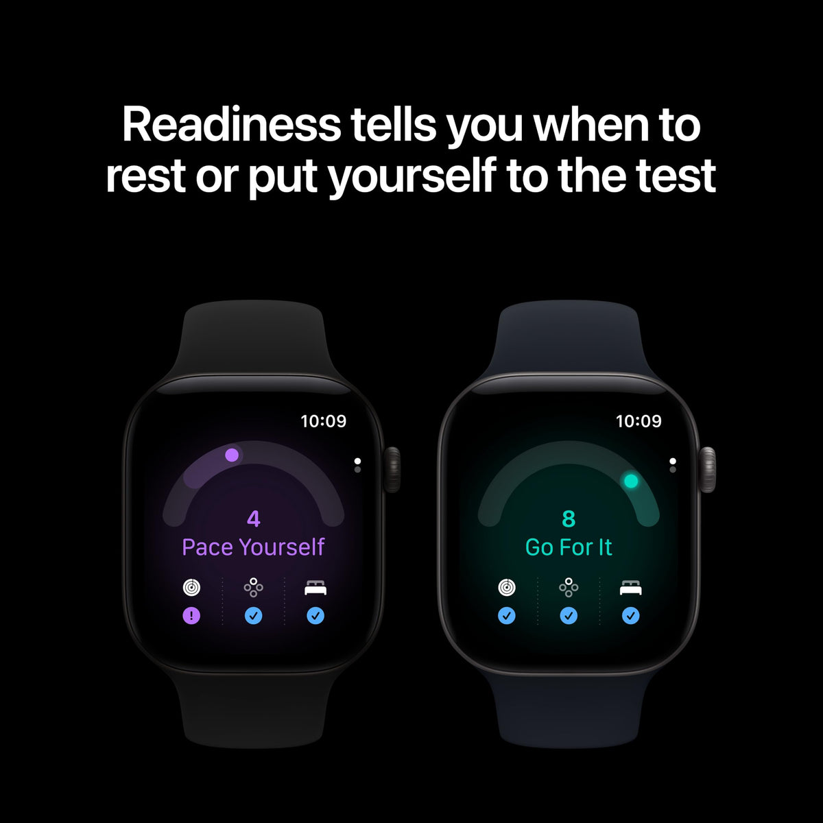 Two dark-band GPS smartwatches, showing Pace Yourself and Go For It screens.