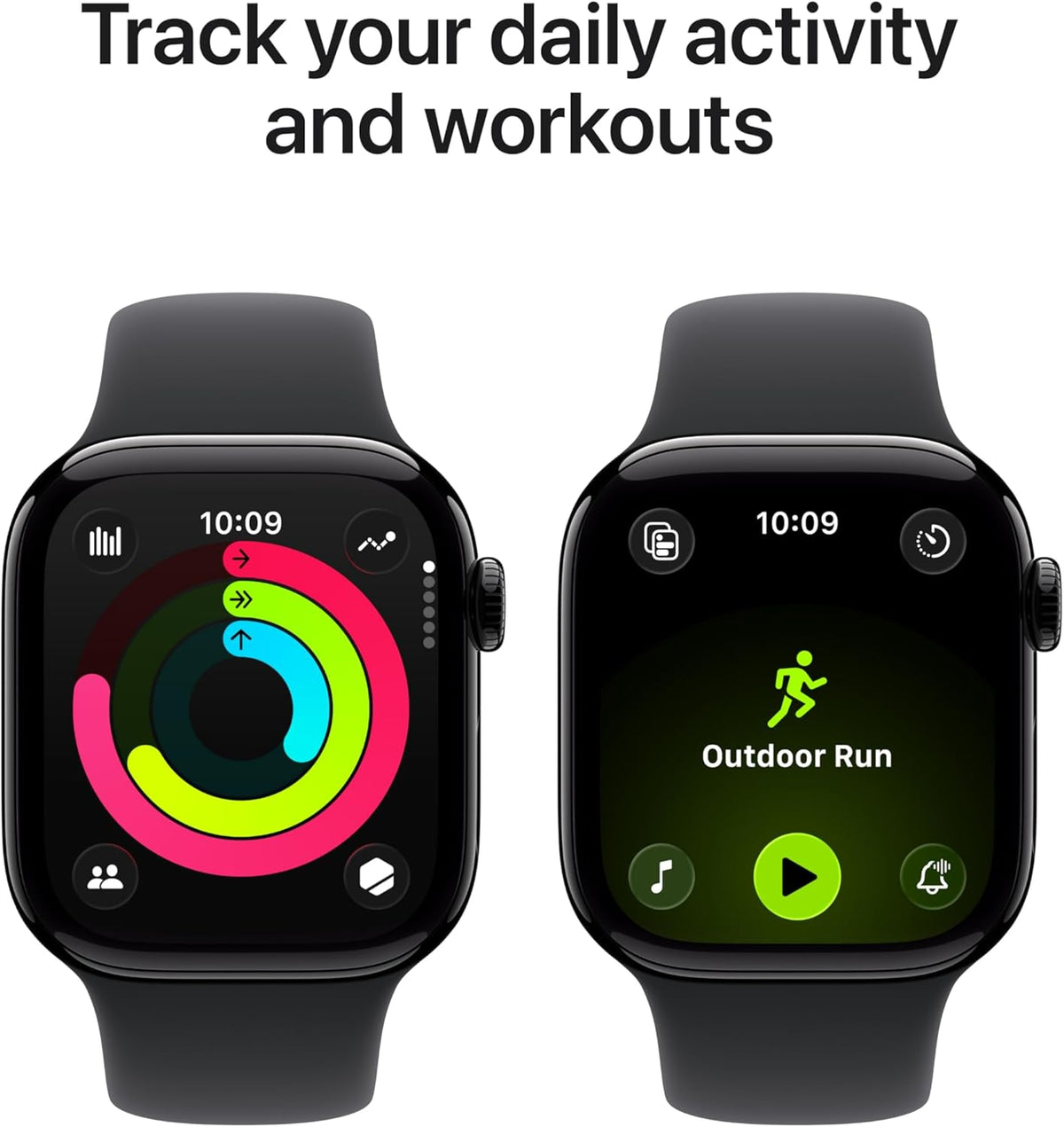 Series 11 GPS smartwatch with black sport band showing activity ring and workout icons