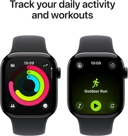 Series 11 GPS smartwatch with black sport band showing activity ring and workout icons