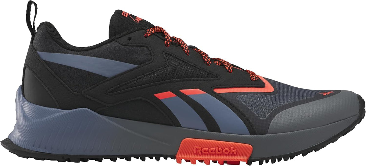 Men's trail running shoes, black with red lace-up detail and spiked tread