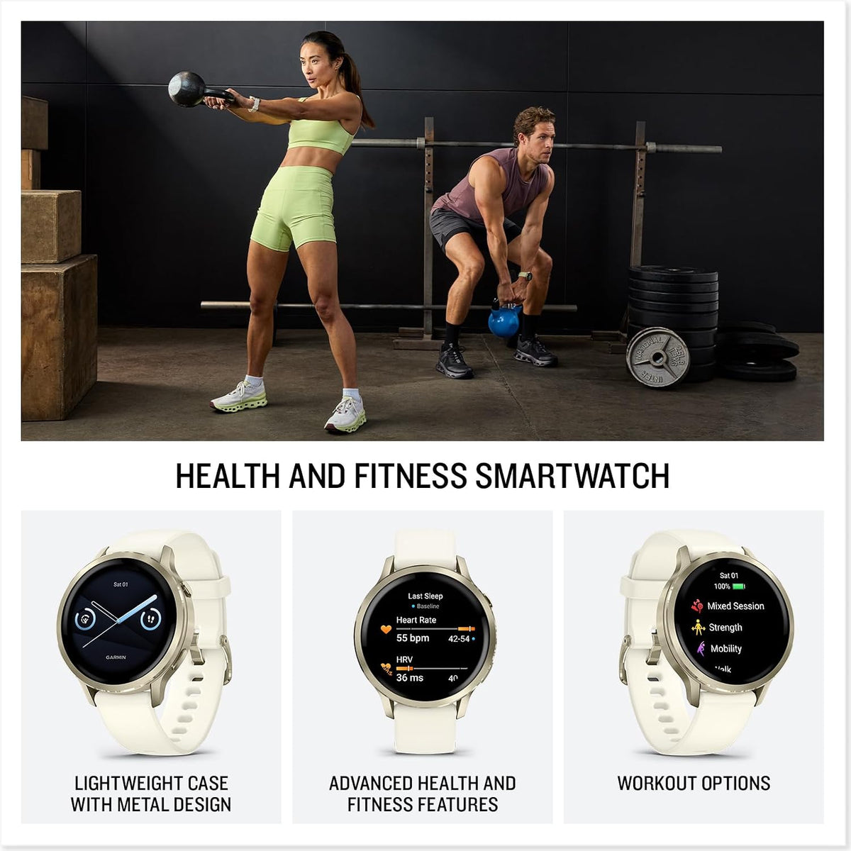 GPS fitness smartwatch with workout options and health features shown on wrist