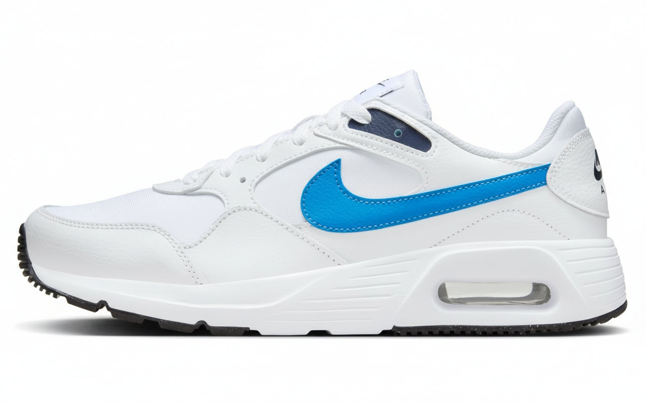 White sneaker with blue swoosh logo on a white background