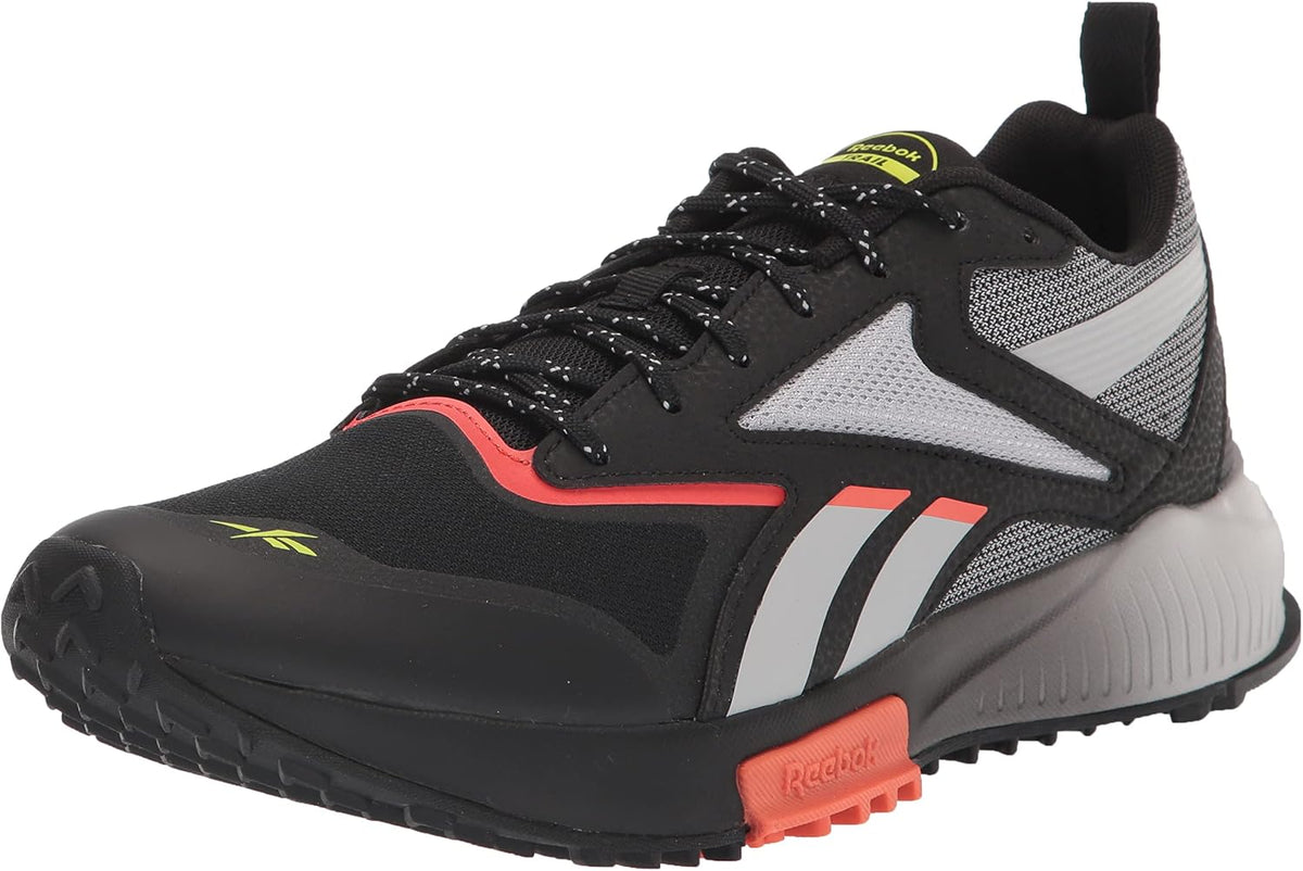 Men's trail running shoes, black with white panels and red/green accents