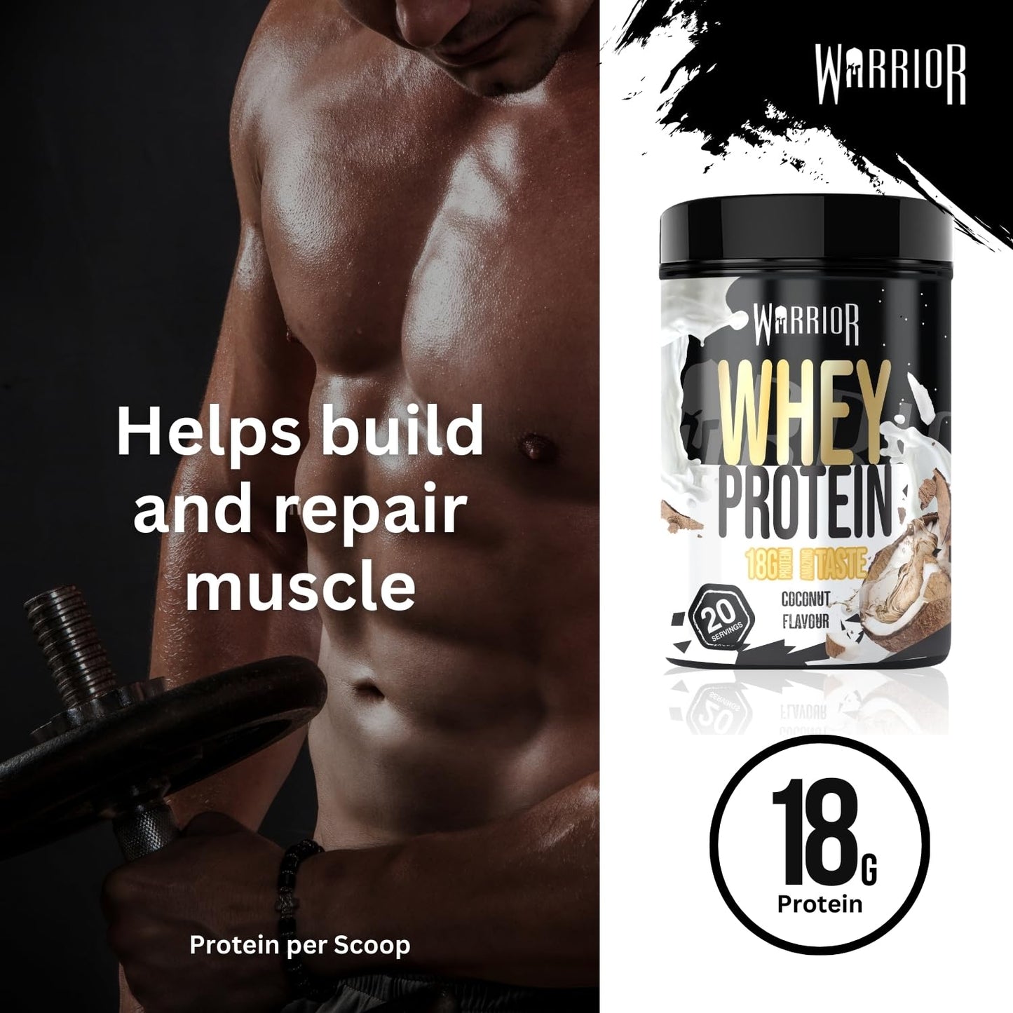 Warrior Whey Protein Powder 500g - Up to 36g* Protein per Shake – Low Sugar - Muscle Growth and Recovery Drink - Amazing Taste - 20 Servings - GMP Certified (Double Chocolate)