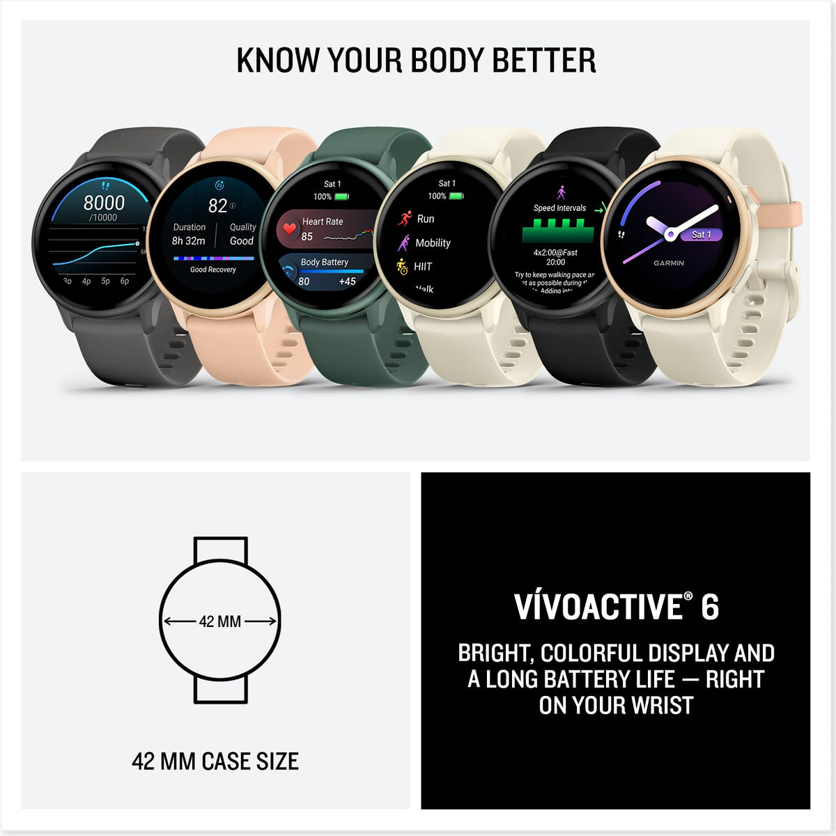 Set of four 42mm smartwatches with round displays and multicolor silicone straps