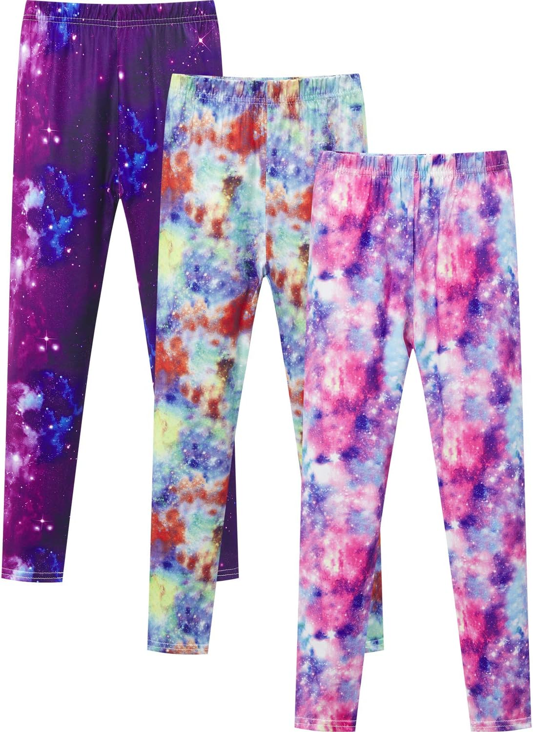 3-pack girls' galaxy leggings laid flat: purple, light blue, and pink nebula prints