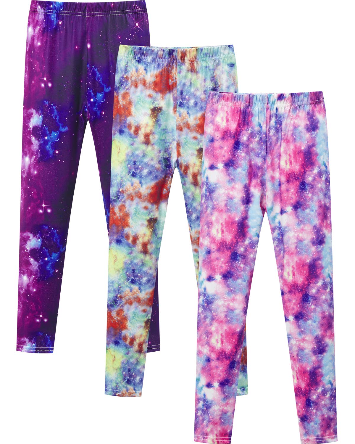 Girls' galaxy leggings 3-pack with dark purple, blue/orange, and pink/purple designs
