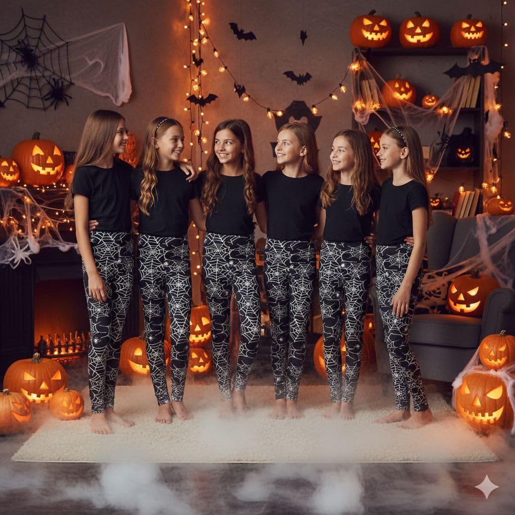 Group photo of kids in black leggings with white spiderweb skull print for Halloween